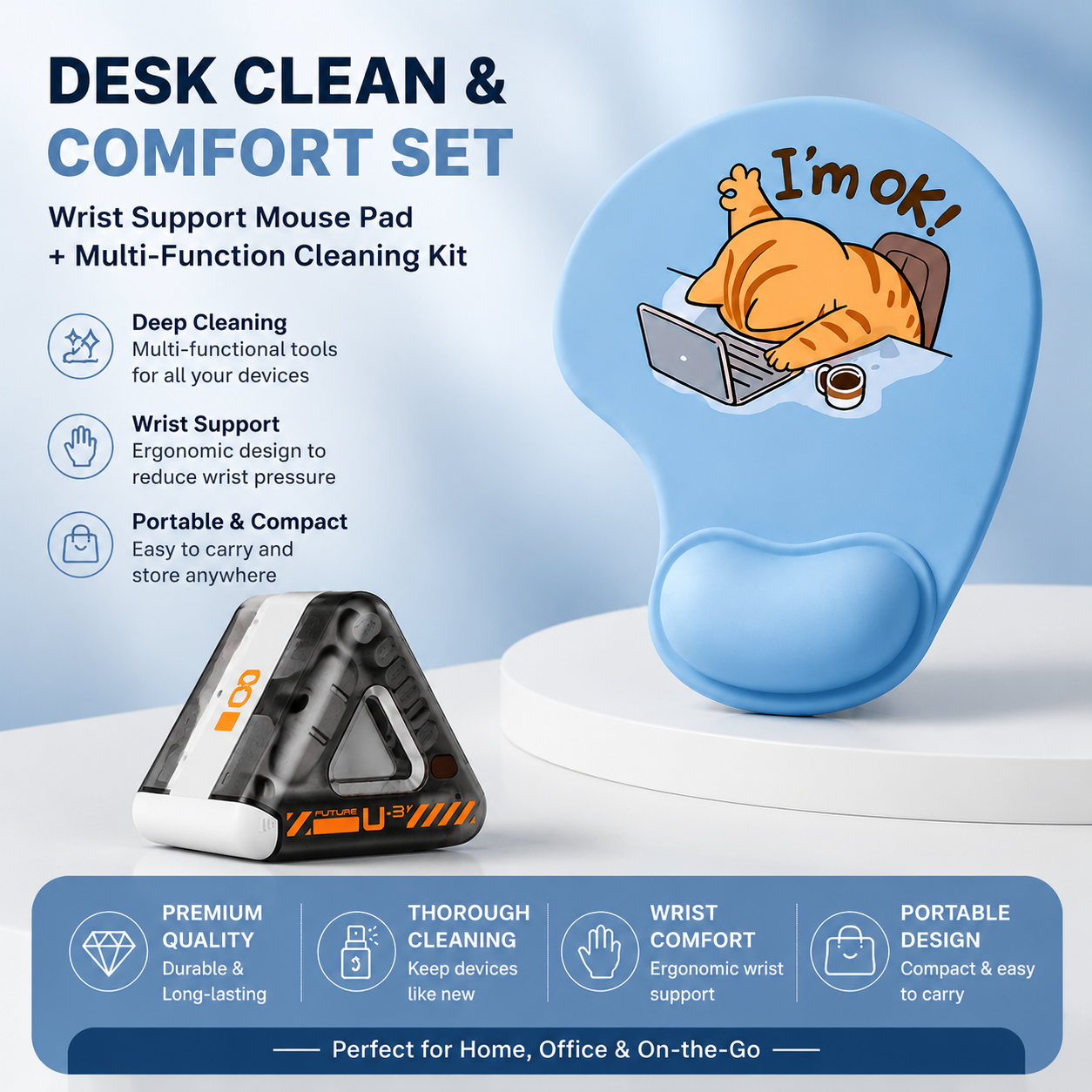 Wrist Support Mouse Pad and (Black) Desk Cleaning Kit Combo Set Ergonomic Gel Wrist Rest with Screen Keyboard Cleaning Tools for Office Home Gaming Desk Setup