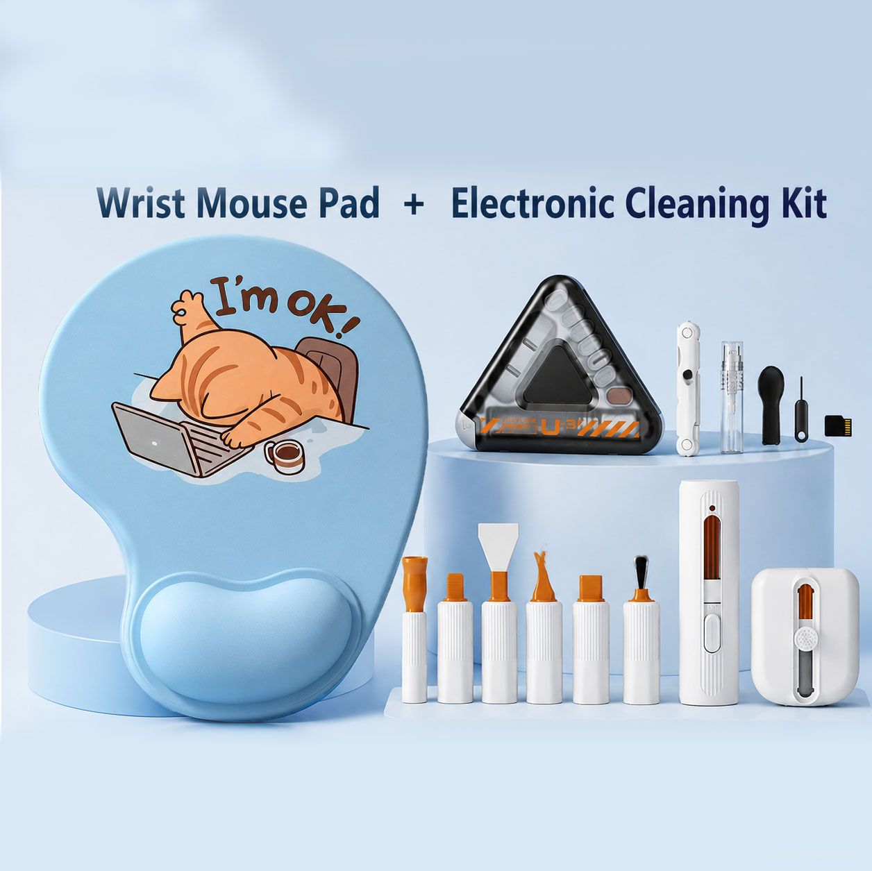 Wrist Support Mouse Pad and (Black) Desk Cleaning Kit Combo Set Ergonomic Gel Wrist Rest with Screen Keyboard Cleaning Tools for Office Home Gaming Desk Setup