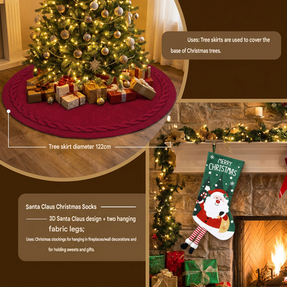 Knitted Christmas Tree Skirt & Santa Stocking Combo Set Festive Holiday Home Decor Reusable Xmas Decoration Fireplace Tree Base Cover Gift Ready Seasonal Ornament