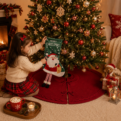 Knitted Christmas Tree Skirt & Santa Stocking Combo Set Festive Holiday Home Decor Reusable Xmas Decoration Fireplace Tree Base Cover Gift Ready Seasonal Ornament