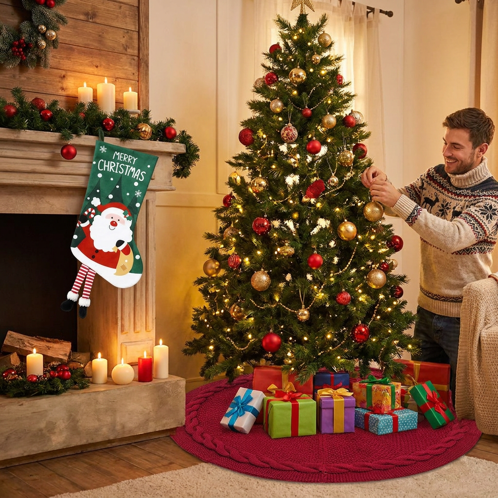 Knitted Christmas Tree Skirt & Santa Stocking Combo Set Festive Holiday Home Decor Reusable Xmas Decoration Fireplace Tree Base Cover Gift Ready Seasonal Ornament