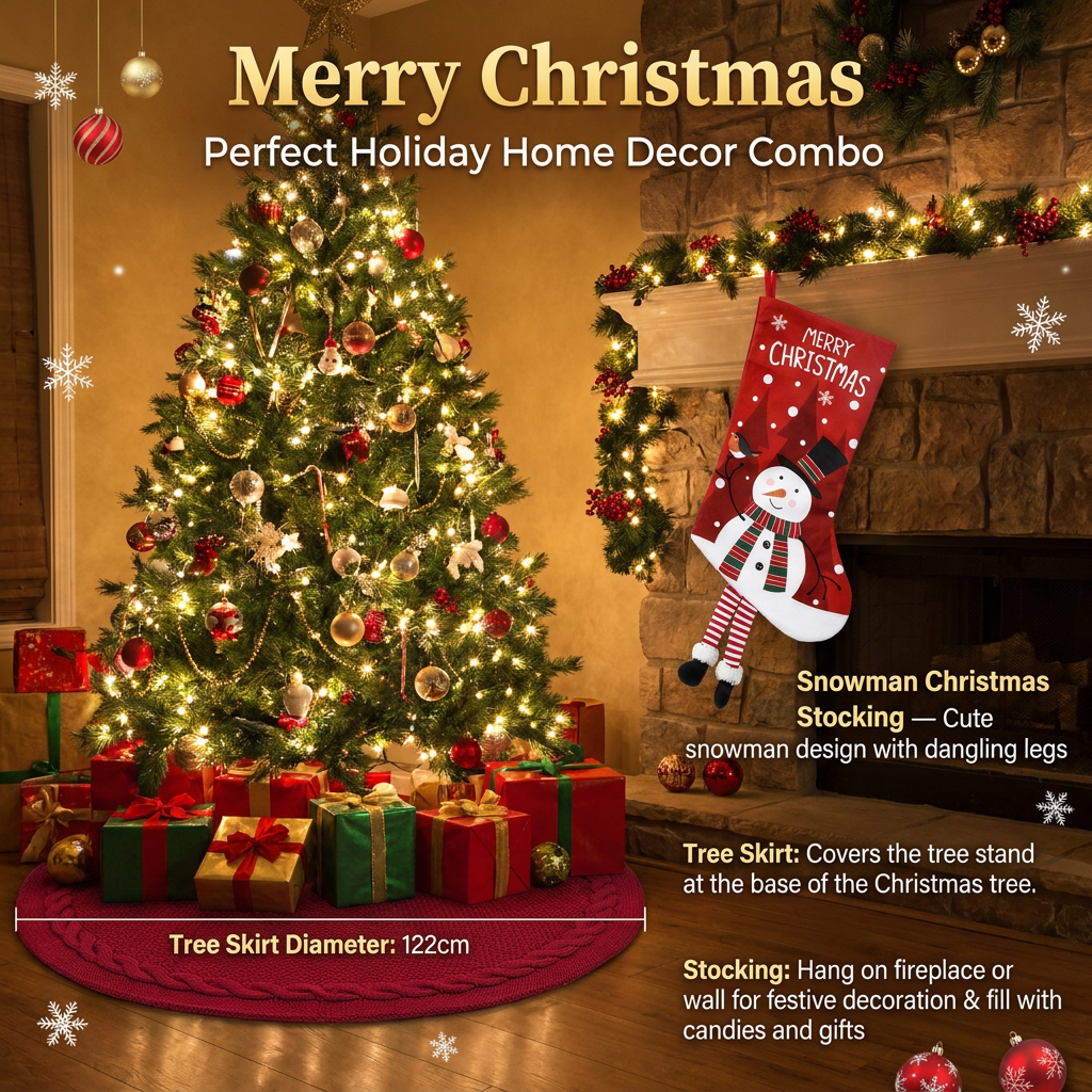 Red Christmas tree skirt and snowman pattern stocking set - 122cm diameter tree skirt, holiday home decor set, reusable Christmas tree base cover and fireplace mantle stocking, suitable for living room and gift display