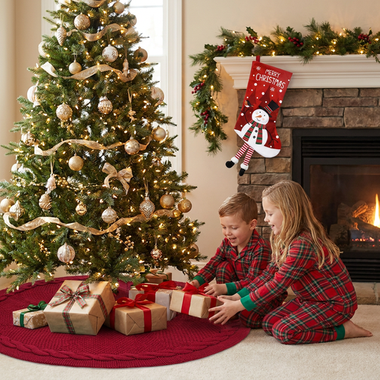 Red Christmas tree skirt and snowman pattern stocking set - 122cm diameter tree skirt, holiday home decor set, reusable Christmas tree base cover and fireplace mantle stocking, suitable for living room and gift display