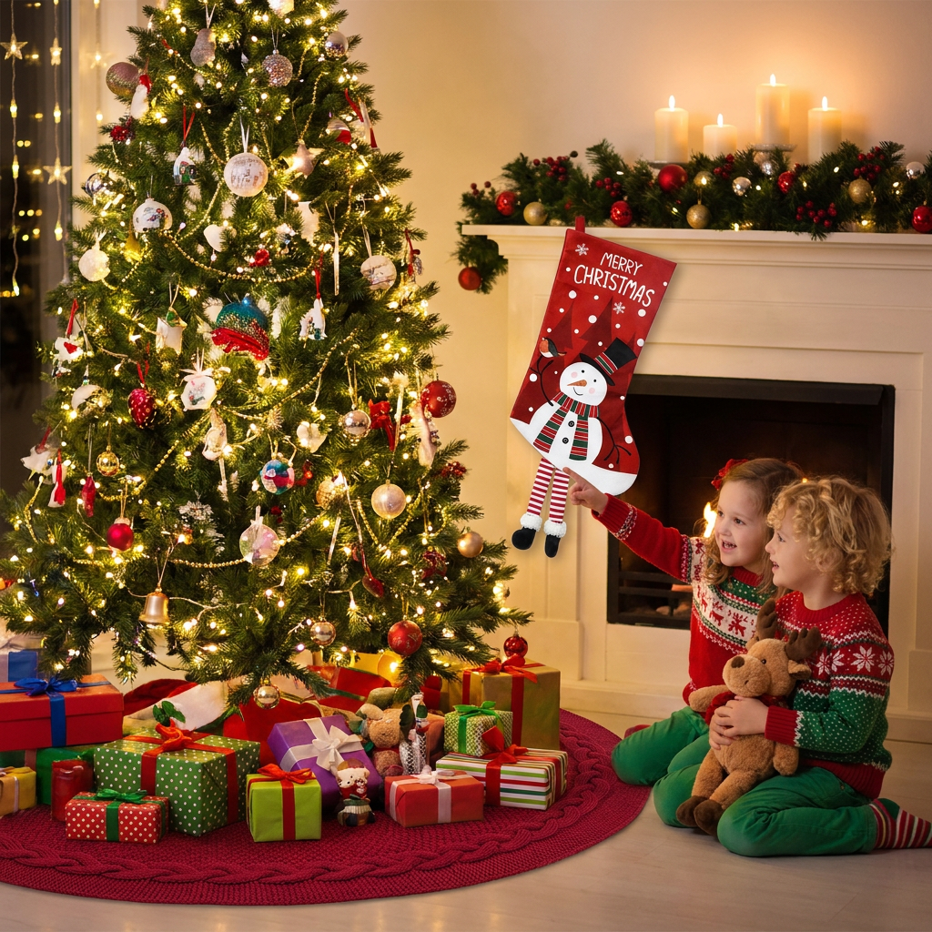Red Christmas tree skirt and snowman pattern stocking set - 122cm diameter tree skirt, holiday home decor set, reusable Christmas tree base cover and fireplace mantle stocking, suitable for living room and gift display
