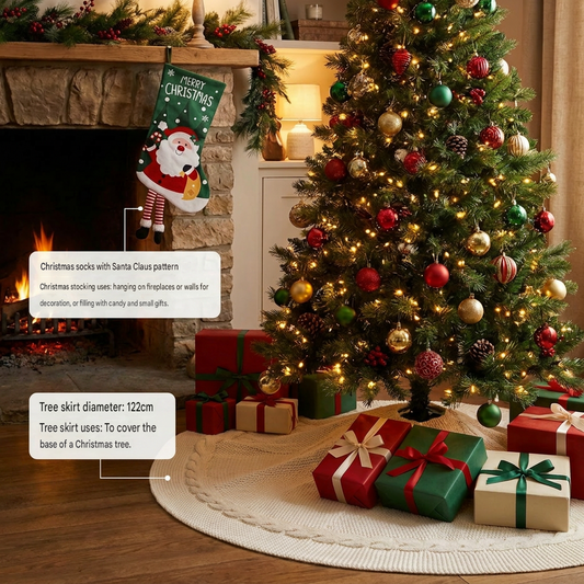 White Knitted Christmas Tree Skirt & Santa Stocking Combo Set Festive Holiday Home Decor Reusable Xmas Decoration Fireplace Tree Base Cover Gift Ready Seasonal Ornament