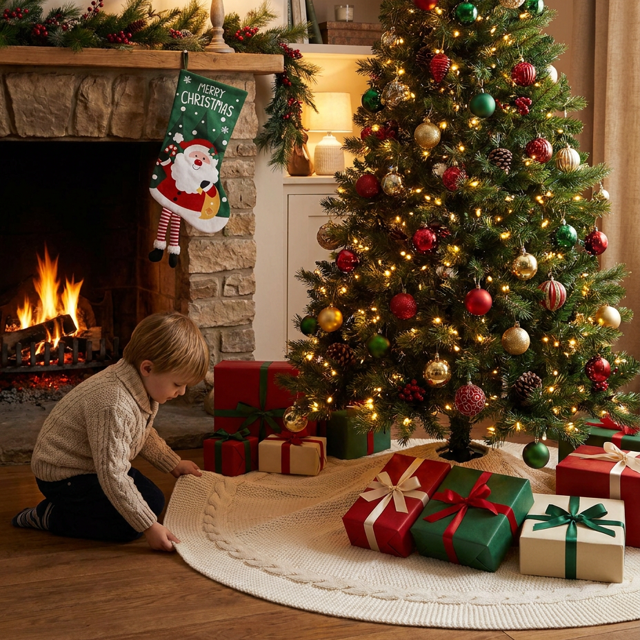White Knitted Christmas Tree Skirt & Santa Stocking Combo Set Festive Holiday Home Decor Reusable Xmas Decoration Fireplace Tree Base Cover Gift Ready Seasonal Ornament