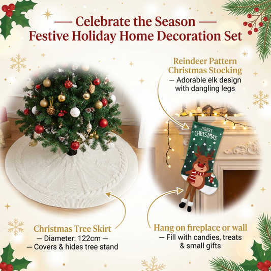 Festive Holiday Home Decoration Set - White Knitted Christmas Tree Skirt & Reindeer Stocking Combo for Cozy Seasonal Styling