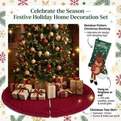 Festive Holiday Home Decoration Set - Red Knitted Christmas Tree Skirt & Reindeer Stocking Combo for Cozy Seasonal Styling