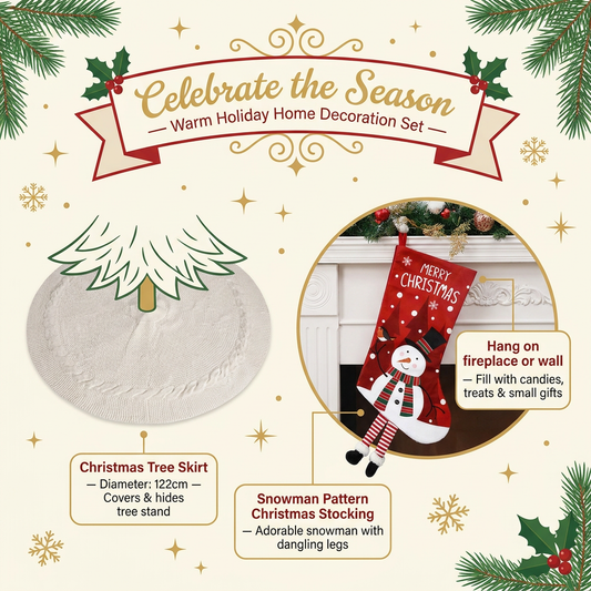 White Christmas tree skirt and snowman pattern stocking set - 122cm diameter tree skirt, holiday home decor set, reusable Christmas tree base cover and fireplace mantle stocking, suitable for living room and gift display