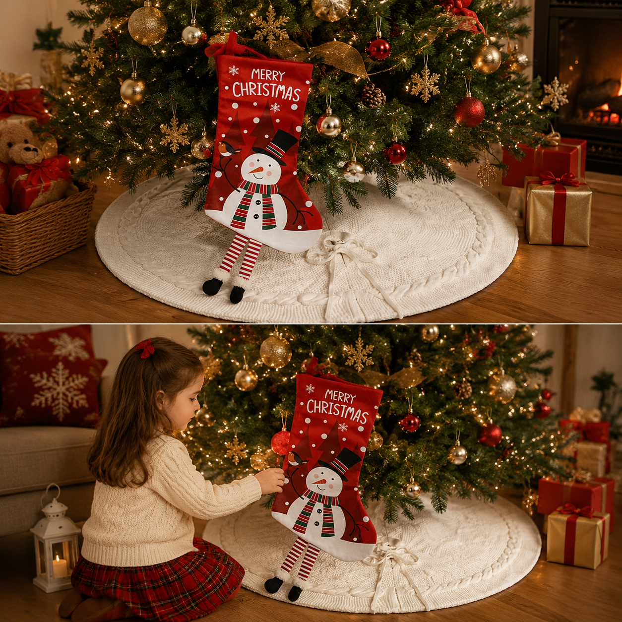 White Christmas tree skirt and snowman pattern stocking set - 122cm diameter tree skirt, holiday home decor set, reusable Christmas tree base cover and fireplace mantle stocking, suitable for living room and gift display