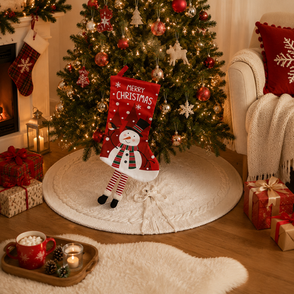 White Christmas tree skirt and snowman pattern stocking set - 122cm diameter tree skirt, holiday home decor set, reusable Christmas tree base cover and fireplace mantle stocking, suitable for living room and gift display