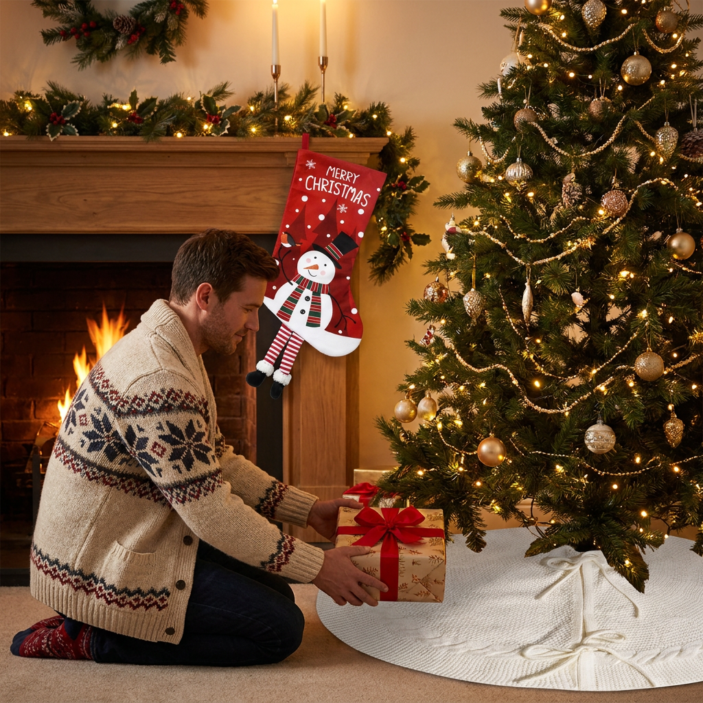 White Christmas tree skirt and snowman pattern stocking set - 122cm diameter tree skirt, holiday home decor set, reusable Christmas tree base cover and fireplace mantle stocking, suitable for living room and gift display