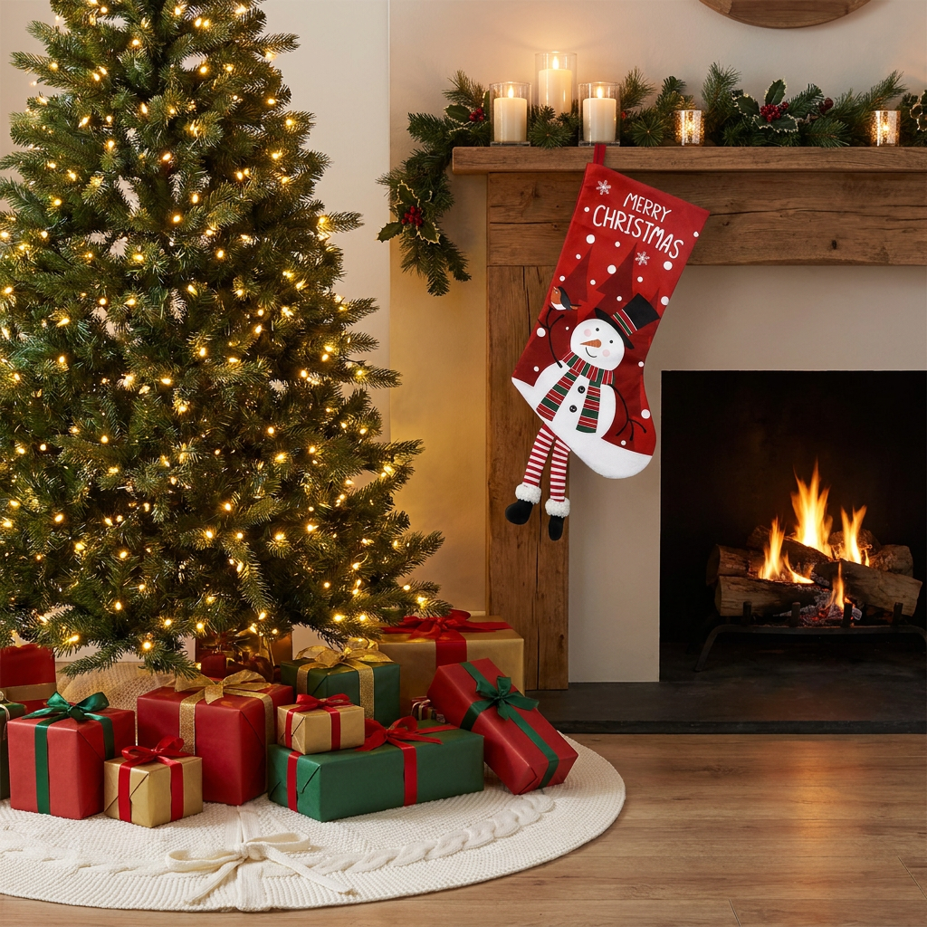 White Christmas tree skirt and snowman pattern stocking set - 122cm diameter tree skirt, holiday home decor set, reusable Christmas tree base cover and fireplace mantle stocking, suitable for living room and gift display