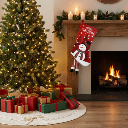 White Christmas tree skirt and snowman pattern stocking set - 122cm diameter tree skirt, holiday home decor set, reusable Christmas tree base cover and fireplace mantle stocking, suitable for living room and gift display
