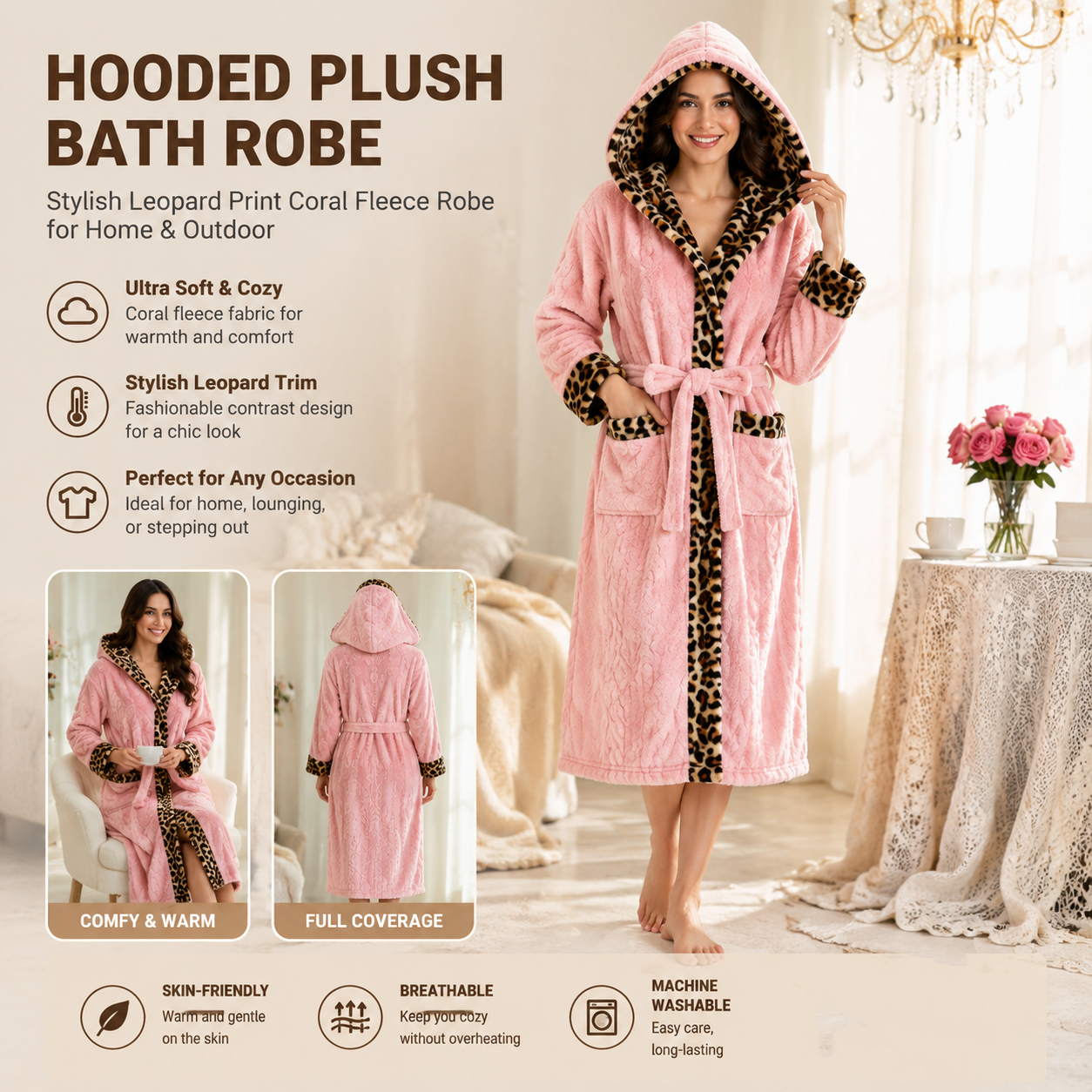 Women's Pink Coral Fleece Hooded Bathrobe with Leopard Print Trim (L)- Soft Plush Wrap Robe with Pockets and Tie Belt for Lounging