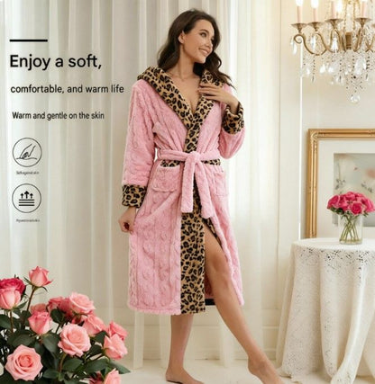 Women's Pink Coral Fleece Hooded Bathrobe with Leopard Print Trim (L)- Soft Plush Wrap Robe with Pockets and Tie Belt for Lounging