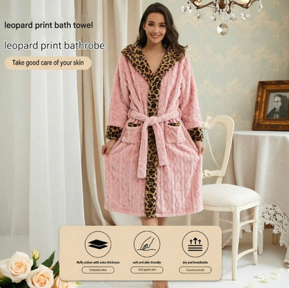 Women's Pink Coral Fleece Hooded Bathrobe with Leopard Print Trim (L)- Soft Plush Wrap Robe with Pockets and Tie Belt for Lounging