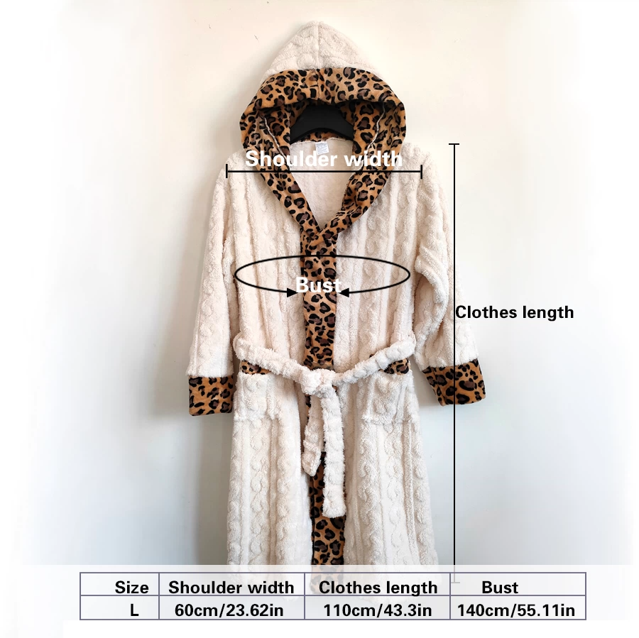 Women's Pink Coral Fleece Hooded Bathrobe with Leopard Print Trim (L)- Soft Plush Wrap Robe with Pockets and Tie Belt for Lounging