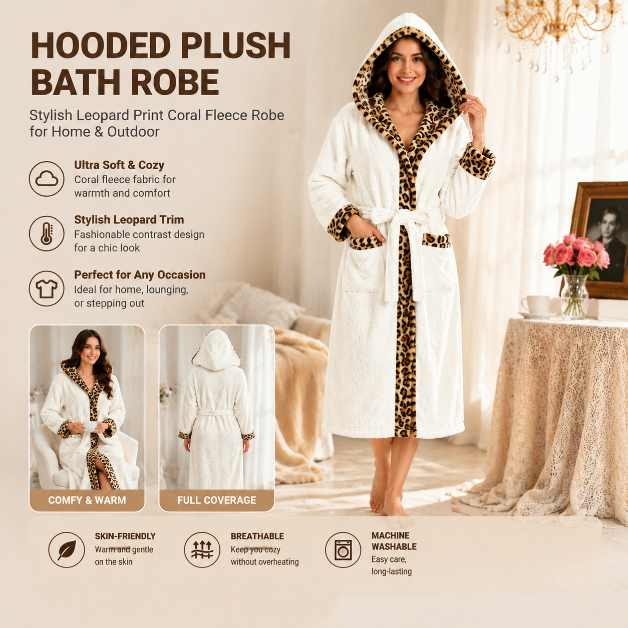 Women's White Coral Fleece Hooded Bathrobe with Leopard Print Trim (L)- Soft Plush Wrap Robe with Pockets and Tie Belt for Lounging