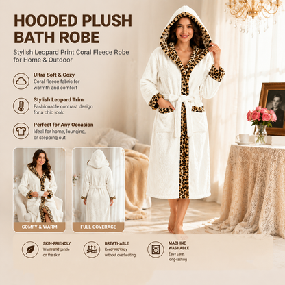 Women's White Coral Fleece Hooded Bathrobe with Leopard Print Trim (L)- Soft Plush Wrap Robe with Pockets and Tie Belt for Lounging