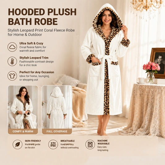 Women's White Coral Fleece Hooded Bathrobe with Leopard Print Trim (L)- Soft Plush Wrap Robe with Pockets and Tie Belt for Lounging