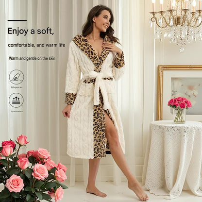 Women's White Coral Fleece Hooded Bathrobe with Leopard Print Trim (L)- Soft Plush Wrap Robe with Pockets and Tie Belt for Lounging