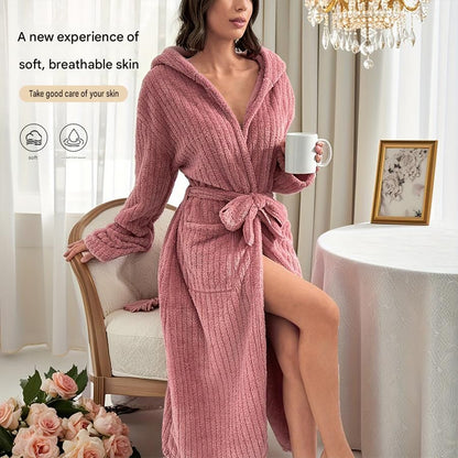 Women's Pink Coral Fleece Hooded Bathrobe (S)- Soft Plush Long Sleeve Wrap Robe with Tie Belt, Highly Absorbent Loungewear for Home Spa and Winter Sleepwear