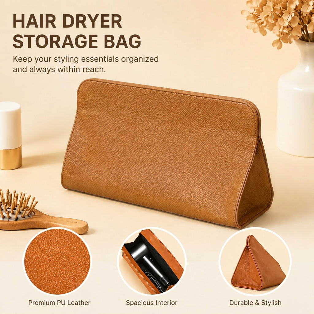 Brown Hair Dryer Storage Bag - Faux Leather Travel Organizer with Magnetic Closure, Waterproof Heat Resistant Pouch for Straighteners Curling Irons and Styling Tools