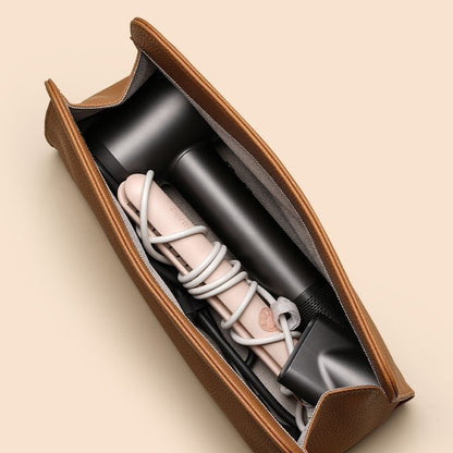 Brown Hair Dryer Storage Bag - Faux Leather Travel Organizer with Magnetic Closure, Waterproof Heat Resistant Pouch for Straighteners Curling Irons and Styling Tools