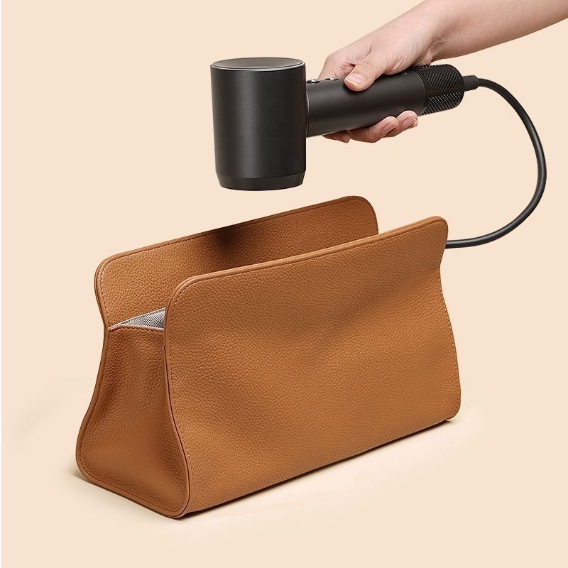 Brown Hair Dryer Storage Bag - Faux Leather Travel Organizer with Magnetic Closure, Waterproof Heat Resistant Pouch for Straighteners Curling Irons and Styling Tools