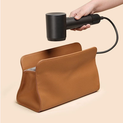 Brown Hair Dryer Storage Bag - Faux Leather Travel Organizer with Magnetic Closure, Waterproof Heat Resistant Pouch for Straighteners Curling Irons and Styling Tools