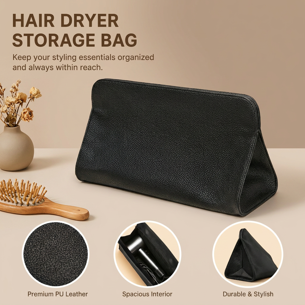Black Hair Dryer Storage Bag - Faux Leather Travel Organizer with Magnetic Closure, Waterproof Heat Resistant Pouch for Straighteners Curling Irons and Styling Tools