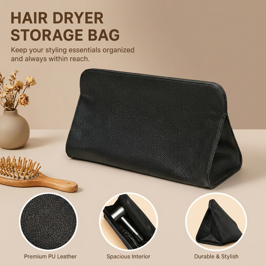 Black Hair Dryer Storage Bag - Faux Leather Travel Organizer with Magnetic Closure, Waterproof Heat Resistant Pouch for Straighteners Curling Irons and Styling Tools