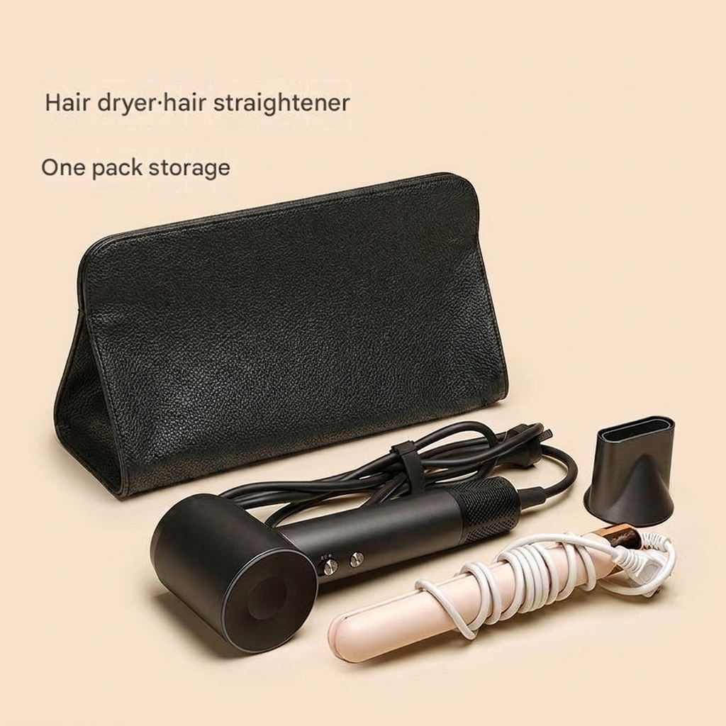 Black Hair Dryer Storage Bag - Faux Leather Travel Organizer with Magnetic Closure, Waterproof Heat Resistant Pouch for Straighteners Curling Irons and Styling Tools