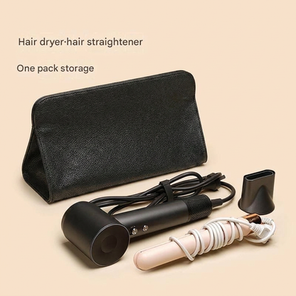 Black Hair Dryer Storage Bag - Faux Leather Travel Organizer with Magnetic Closure, Waterproof Heat Resistant Pouch for Straighteners Curling Irons and Styling Tools
