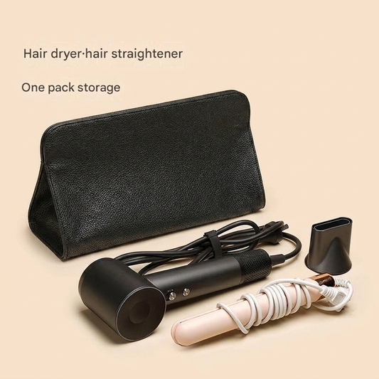 Black Hair Dryer Storage Bag - Faux Leather Travel Organizer with Magnetic Closure, Waterproof Heat Resistant Pouch for Straighteners Curling Irons and Styling Tools