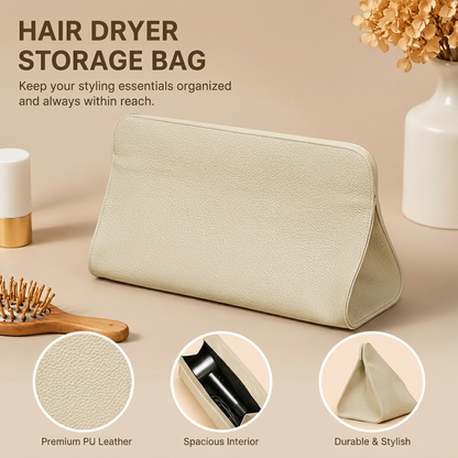 Beige Hair Dryer Storage Bag - Faux Leather Travel Organizer with Magnetic Closure, Waterproof Heat Resistant Pouch for Straighteners Curling Irons and Styling Tools