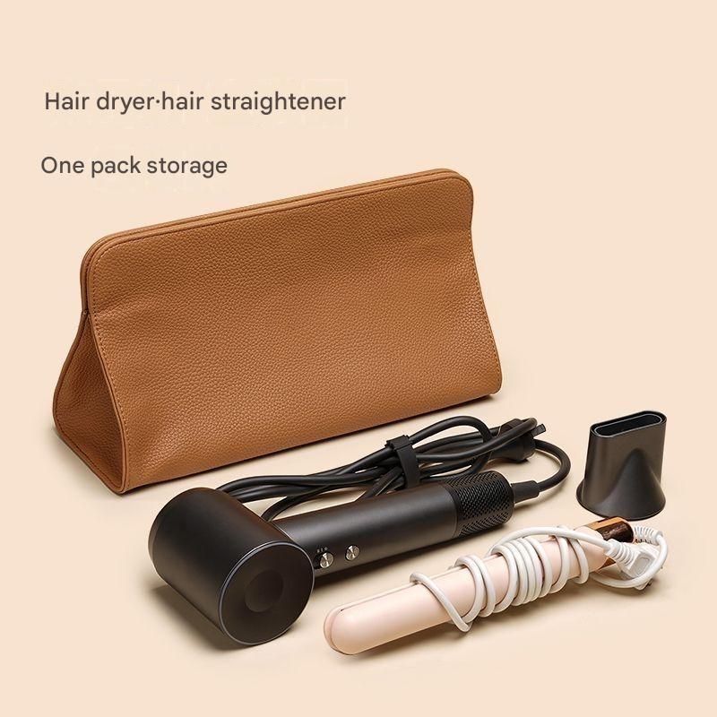 Beige Hair Dryer Storage Bag - Faux Leather Travel Organizer with Magnetic Closure, Waterproof Heat Resistant Pouch for Straighteners Curling Irons and Styling Tools