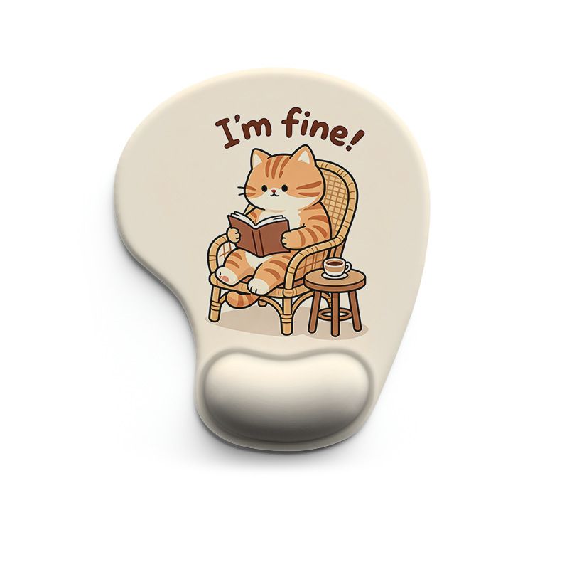 Ergonomic Gel Wrist Support Mouse Pad Pattern of a cat sitting in a chair reading a book (I'm fine!)  Soft silicone wrist rest, desktop accessory, suitable for office, home, and gaming