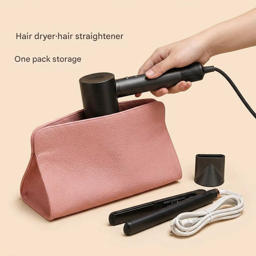 Pink Hair Dryer Storage Bag - Faux Leather Travel Organizer with Magnetic Closure, Waterproof Heat Resistant Pouch for Straighteners Curling Irons and Styling Tools