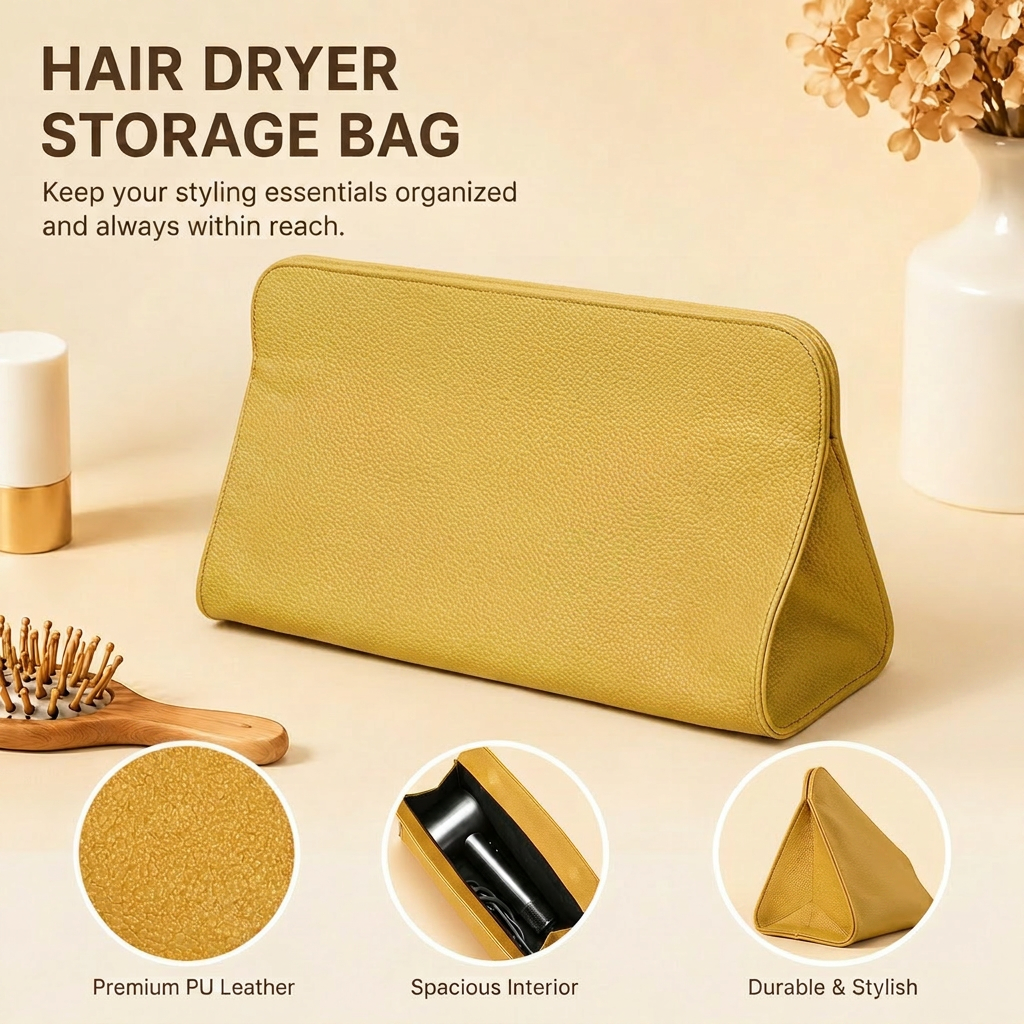 Yellow Hair Dryer Storage Bag - Faux Leather Travel Organizer with Magnetic Closure, Waterproof Heat Resistant Pouch for Straighteners Curling Irons and Styling Tools