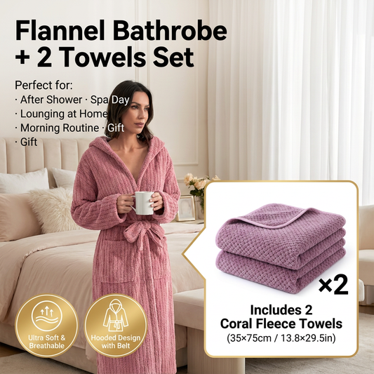 Women's Coral Fleece Hooded Bathrobe (S size) Set with 2 Pineapple Grid Towels - Ultra Soft Absorbent Loungewear for Home Spa and Post Shower Comfort