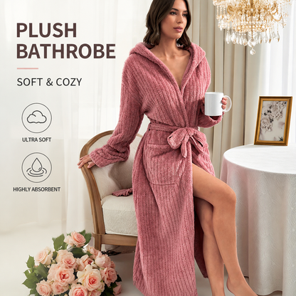 Women's Coral Fleece Hooded Bathrobe (S size) Set with 2 Pineapple Grid Towels - Ultra Soft Absorbent Loungewear for Home Spa and Post Shower Comfort