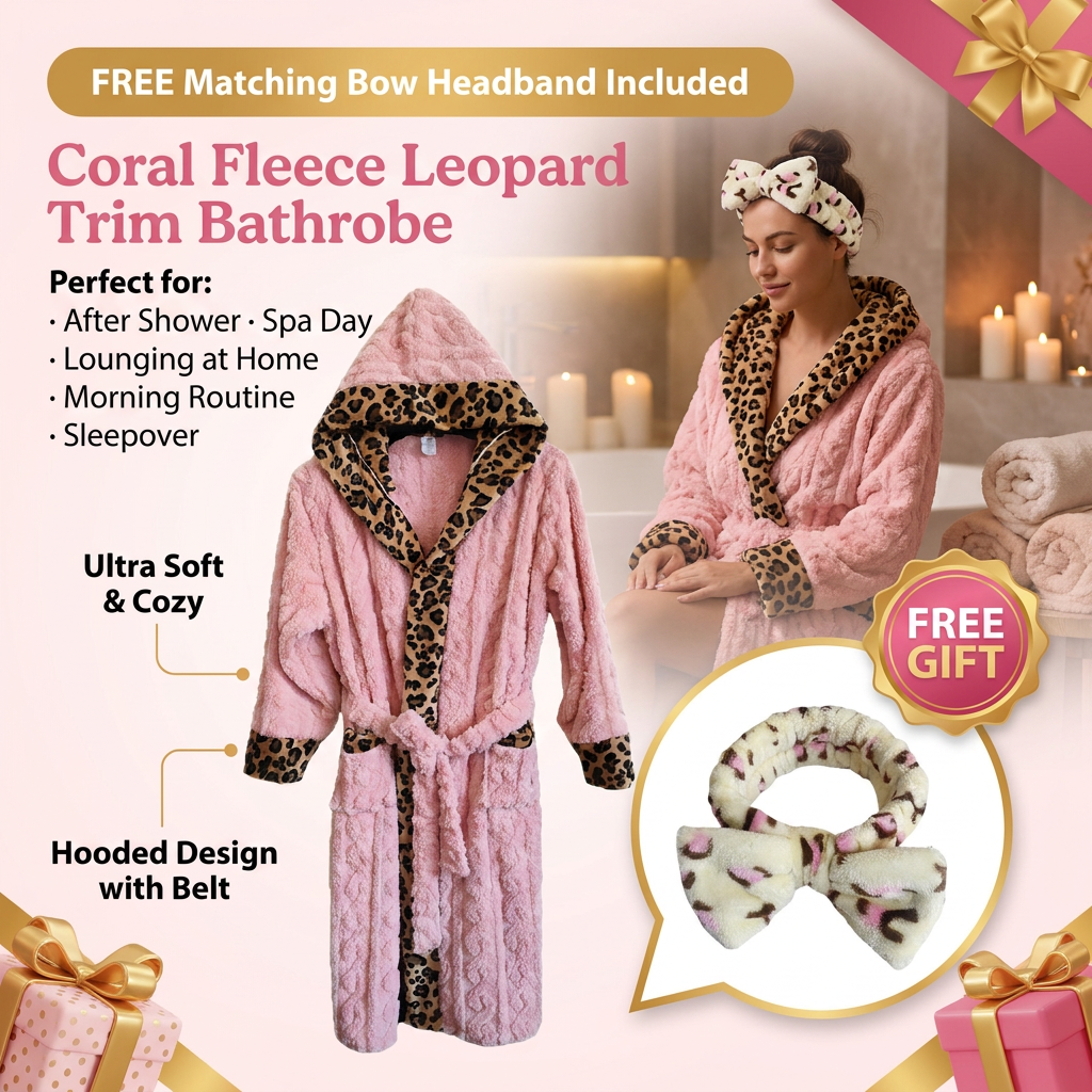 Coral Fleece Leopard Trim Bathrobe Set Bow Headband Included- Pink Hooded Plush Dressing Gown with Belt Ultra Soft Cozy Loungewear Spa Home Wear Gift Ready
