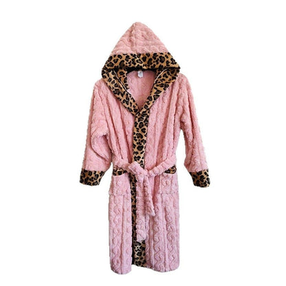 Coral Fleece Leopard Trim Bathrobe Set Bow Headband Included- Pink Hooded Plush Dressing Gown with Belt Ultra Soft Cozy Loungewear Spa Home Wear Gift Ready
