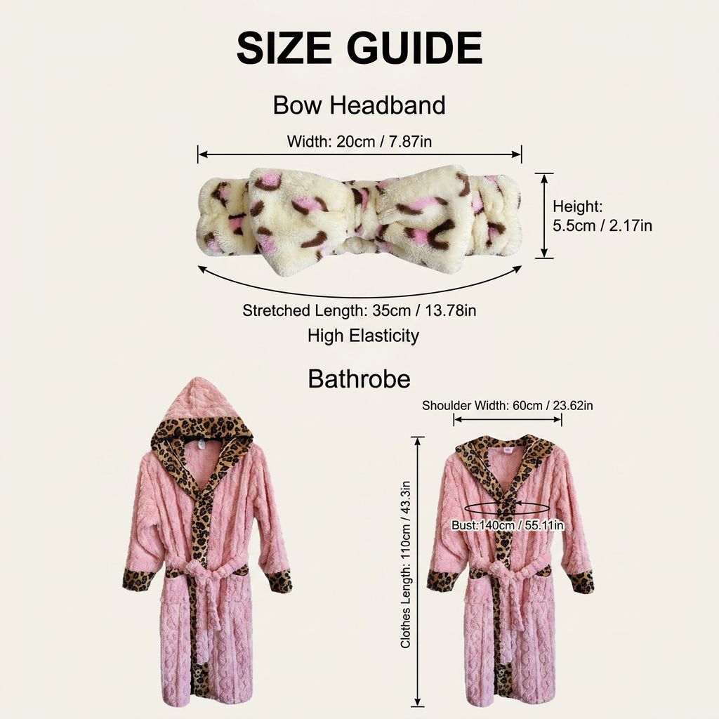 Coral Fleece Leopard Trim Bathrobe Set Bow Headband Included- Pink Hooded Plush Dressing Gown with Belt Ultra Soft Cozy Loungewear Spa Home Wear Gift Ready