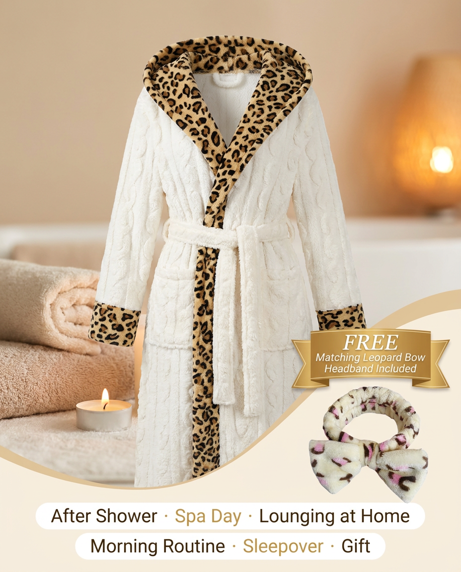 Coral Fleece Leopard Trim Bathrobe Set Bow Headband Included- White Hooded Plush Dressing Gown with Belt Ultra Soft Cozy Loungewear Spa Home Wear Gift Ready