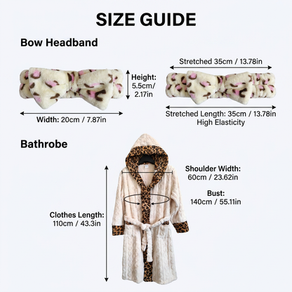 Coral Fleece Leopard Trim Bathrobe Set Bow Headband Included- White Hooded Plush Dressing Gown with Belt Ultra Soft Cozy Loungewear Spa Home Wear Gift Ready