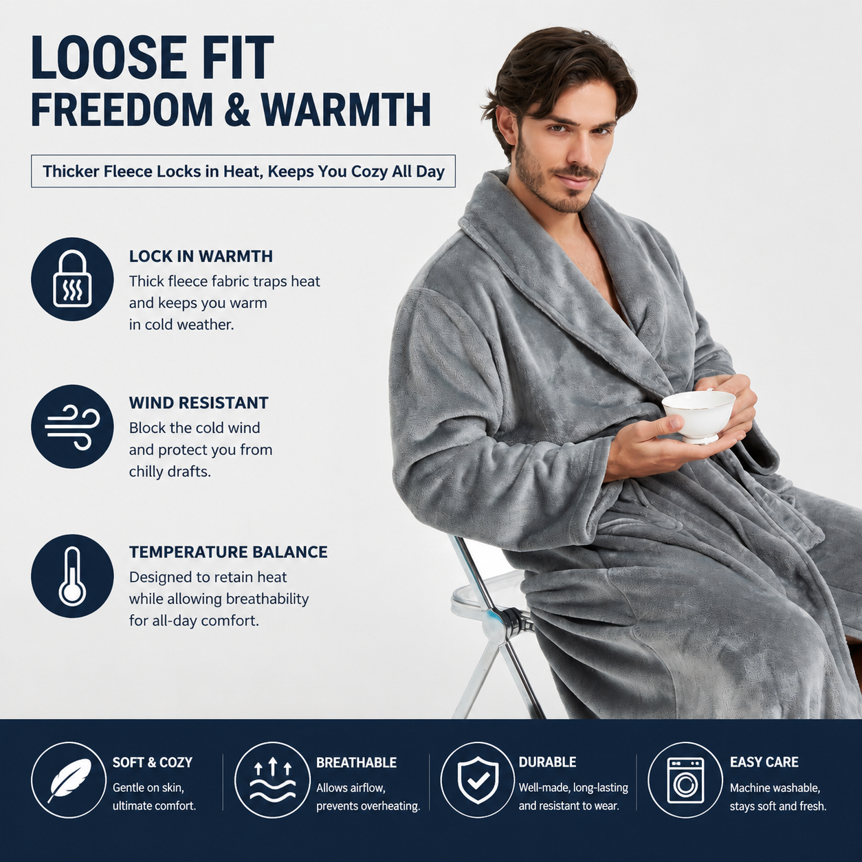 Men's Flannel Bathrobe Grey M Size - Soft Coral Fleece Hooded Kimono Collar Dressing Gown Loose Fit Warm Comfortable Loungewear Home Spa Easy Care Machine Washable