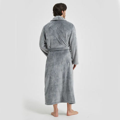 Men's Flannel Bathrobe Grey M Size - Soft Coral Fleece Hooded Kimono Collar Dressing Gown Loose Fit Warm Comfortable Loungewear Home Spa Easy Care Machine Washable